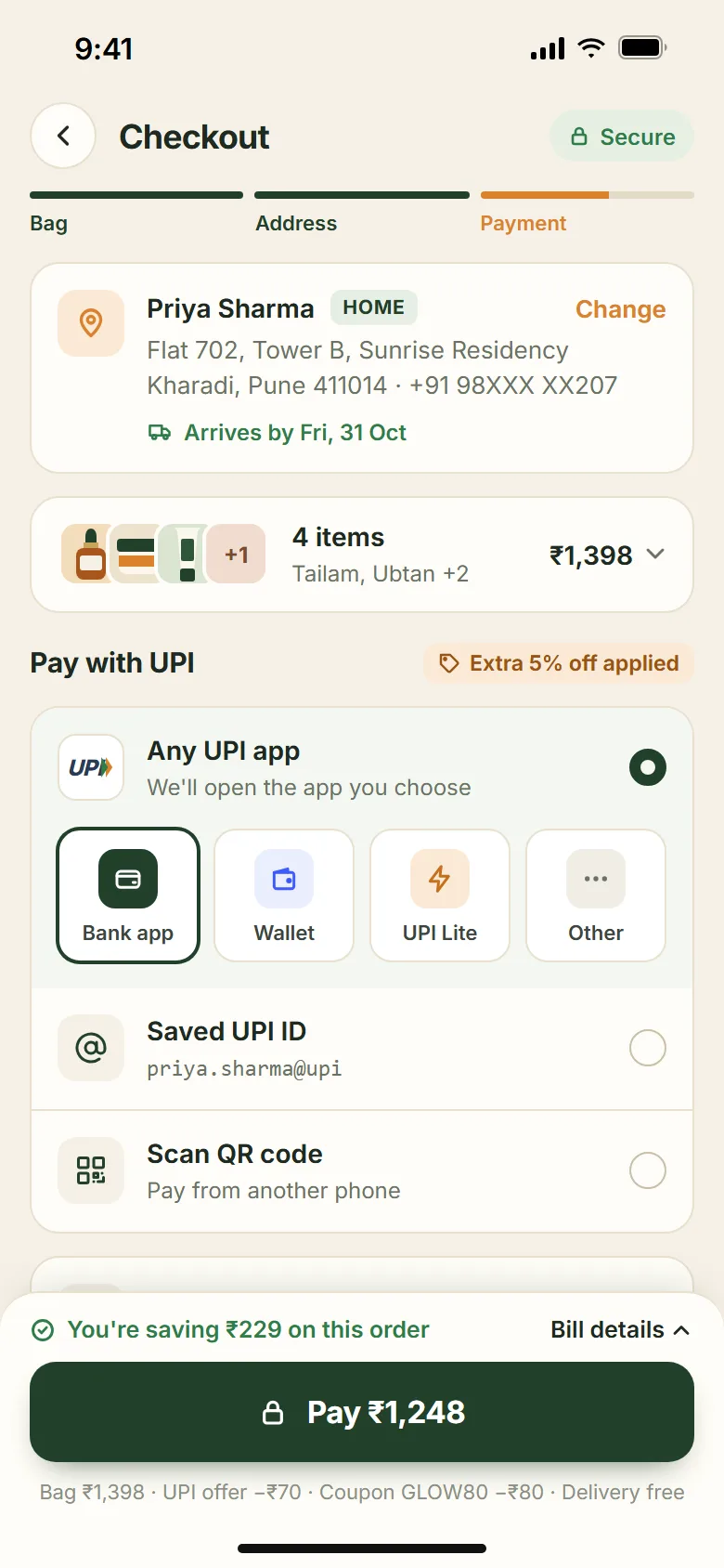 Skincare storefront and UPI checkout: mobile screen