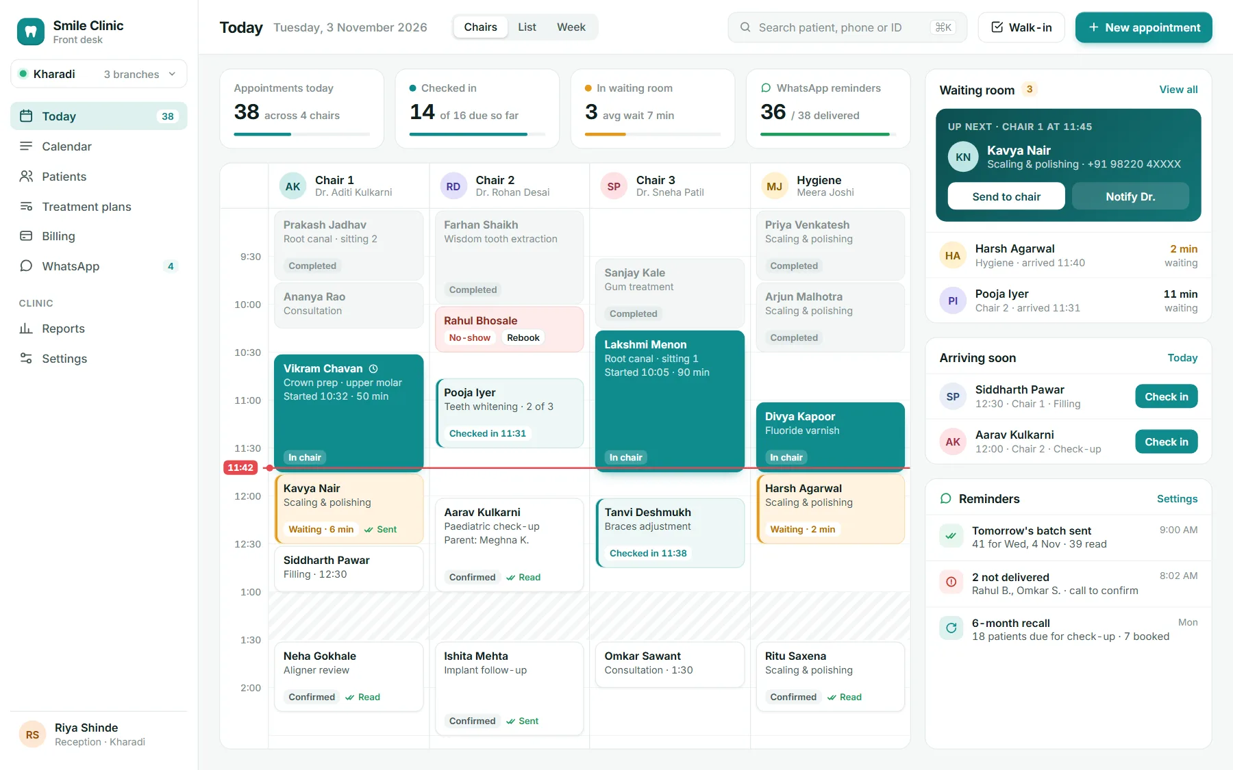 Clinic booking app and front-desk dashboard: desktop screen