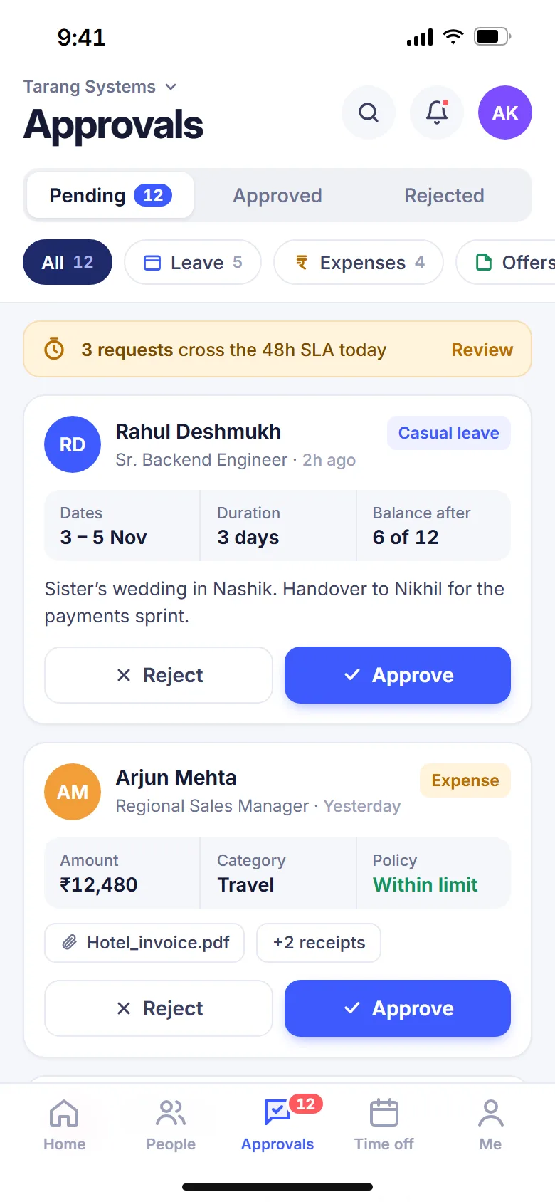 HR analytics dashboard and approvals app: mobile screen