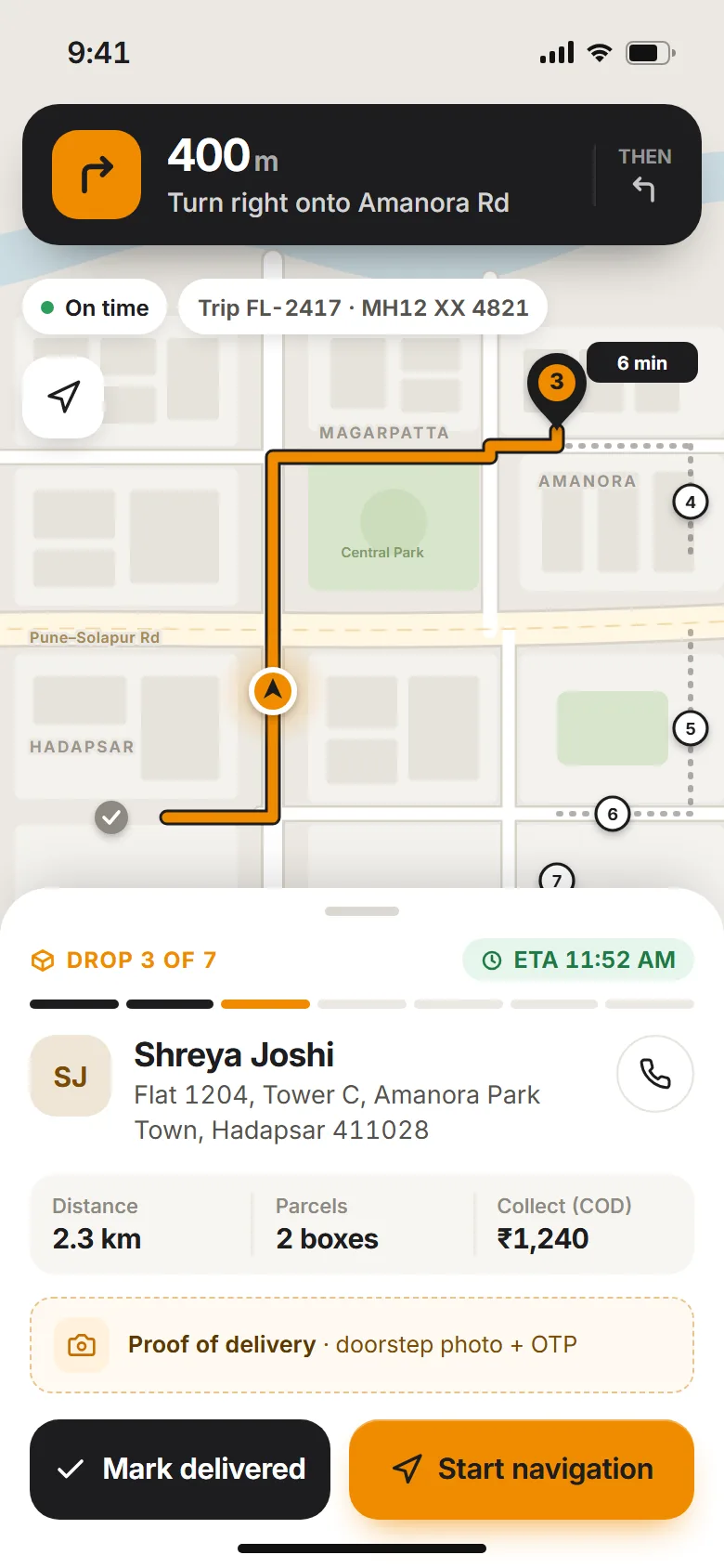 Driver app and live operations dashboard: mobile screen